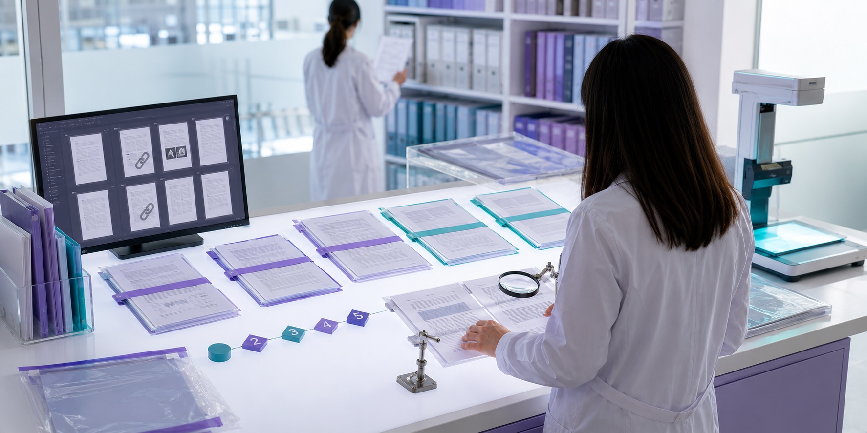 A researcher at a bright evidence bench comparing printed studies while a screen marks duplicate records