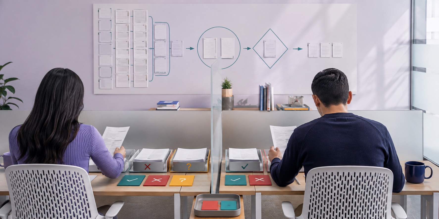 Two reviewers screening records independently on either side of a divider, with a PRISMA flow diagram on the wall