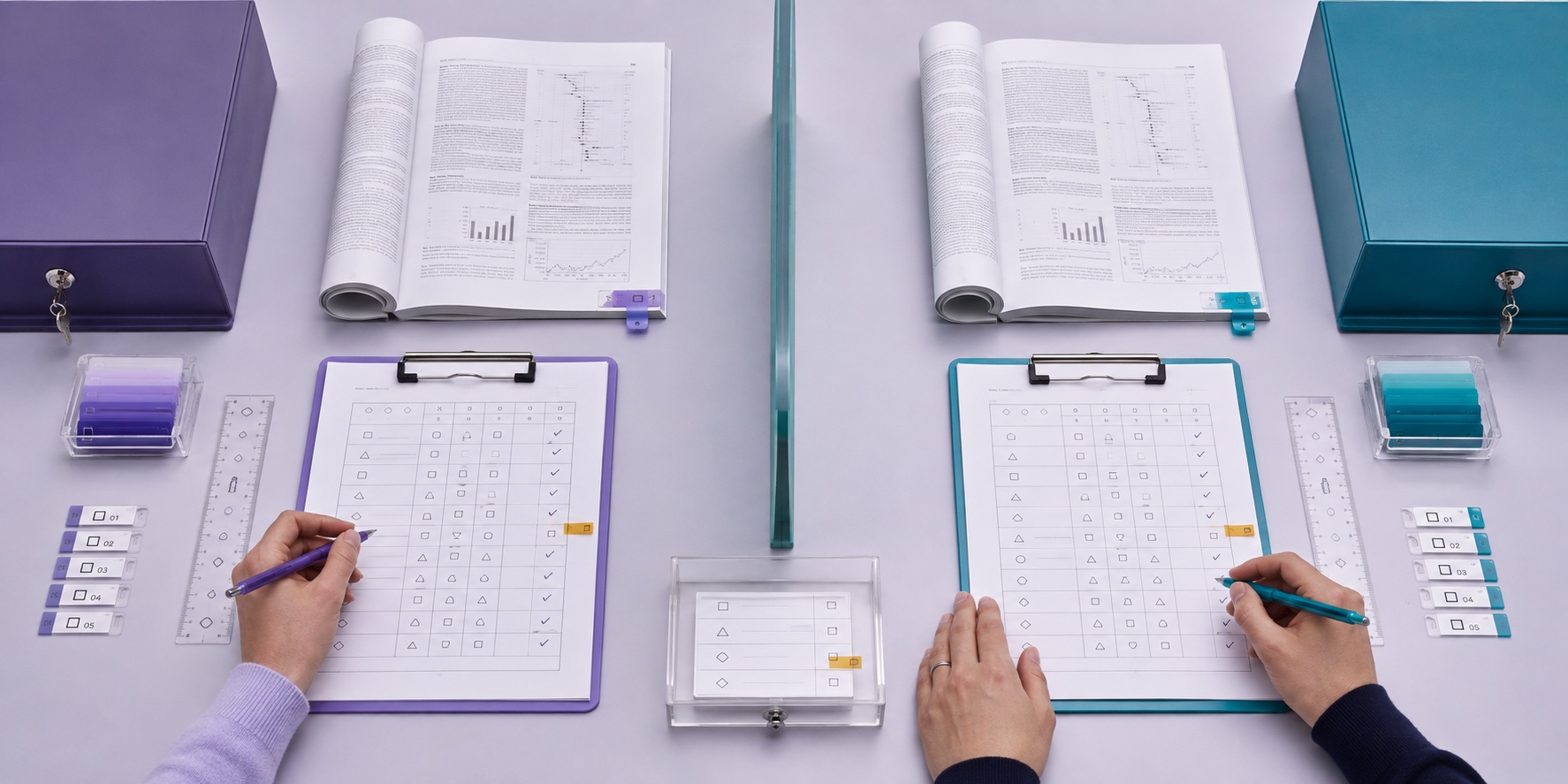 Two reviewers filling identical structured extraction forms independently, each writing in their own colour