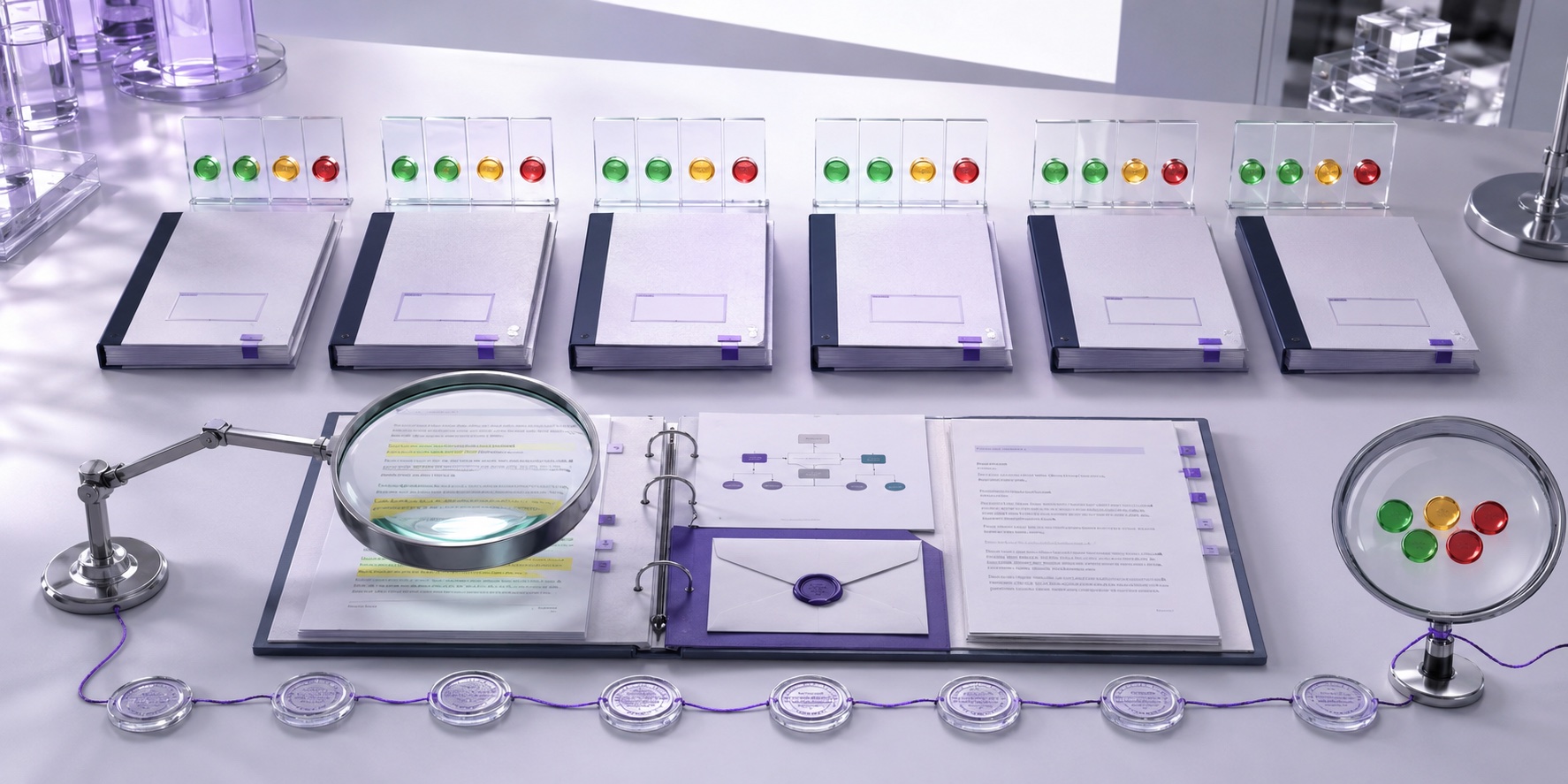 Appraised studies in a row, each topped with green, amber and red risk-of-bias domain judgements beside a sealed audit trail