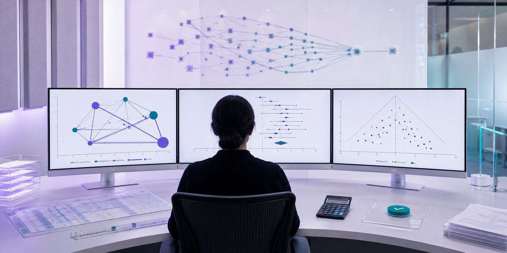 An analyst reading a network diagram, a forest plot and a funnel plot across three screens