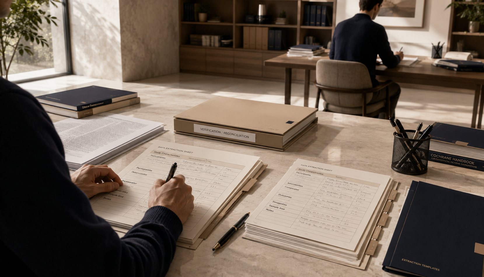 Two reviewers at separate desks completing identical data extraction sheets, a verification and reconciliation folder between them