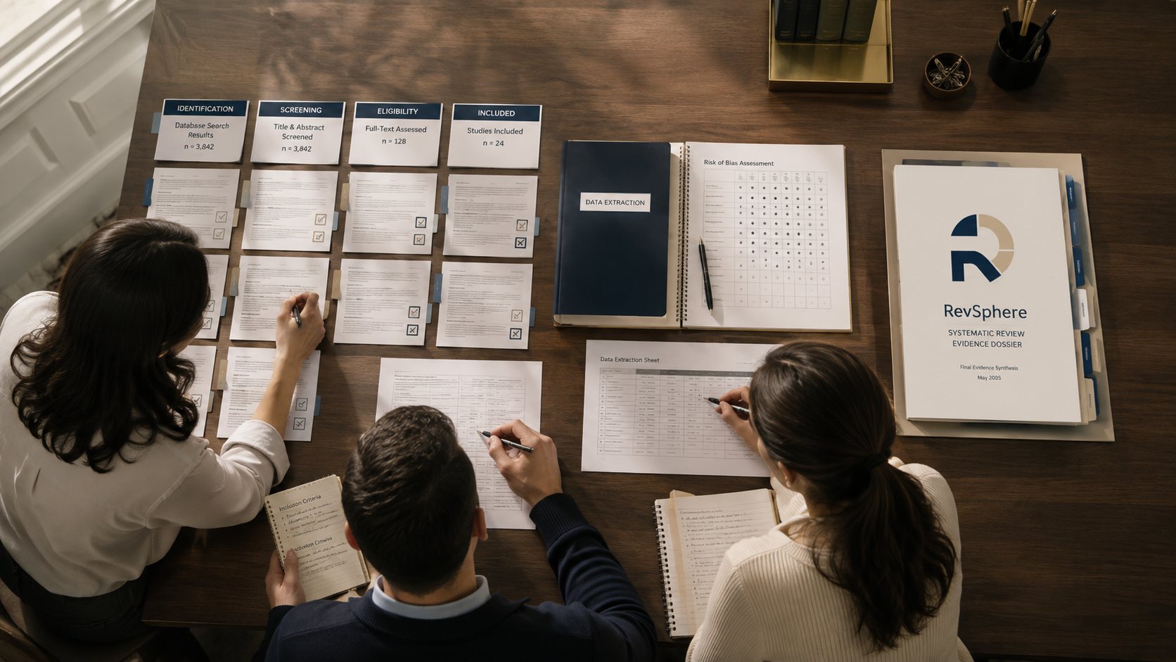 Three reviewers around a table working a review through its stages: identification, screening, eligibility and included, with a risk-of-bias grid, a data extraction sheet and the bound RevSphere evidence dossier