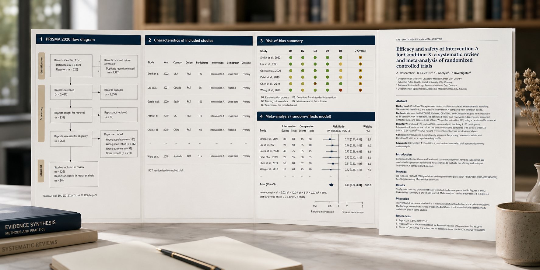A finished review laid out as a PRISMA flow diagram, a characteristics table, a risk-of-bias summary and a meta-analysis, beside the manuscript itself