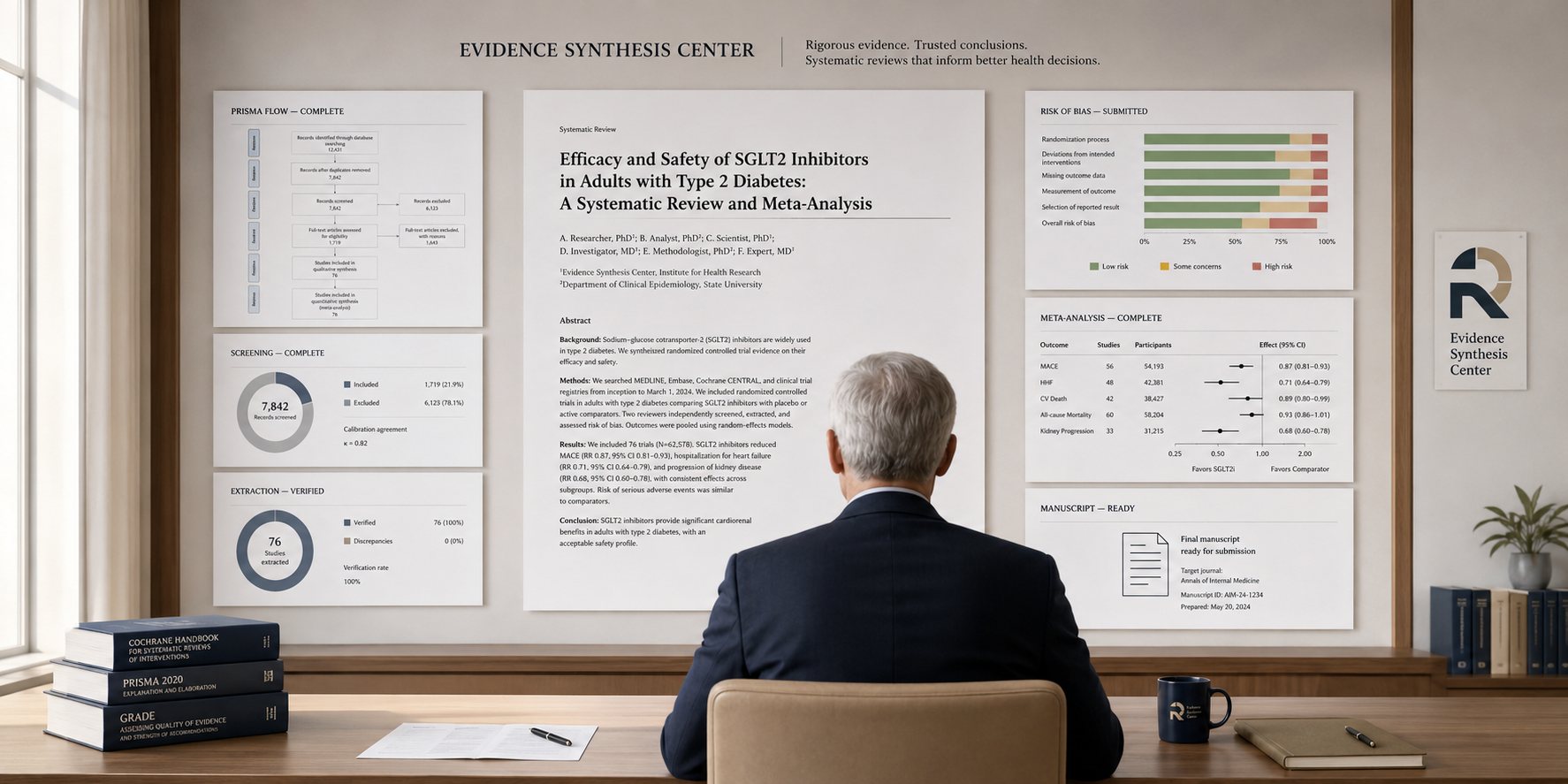 A researcher facing the whole finished review: screening totals, verified extraction, risk of bias, the meta-analysis, and a manuscript ready for submission