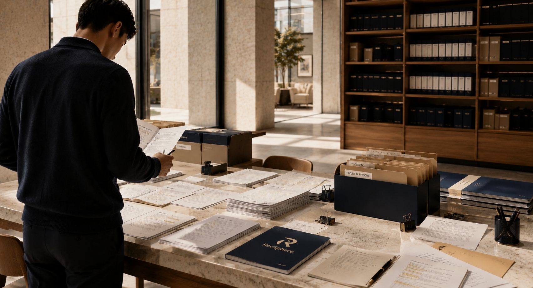 A reviewer working through record piles at a long table, with a file box labelled Exclusion Reasons beside them