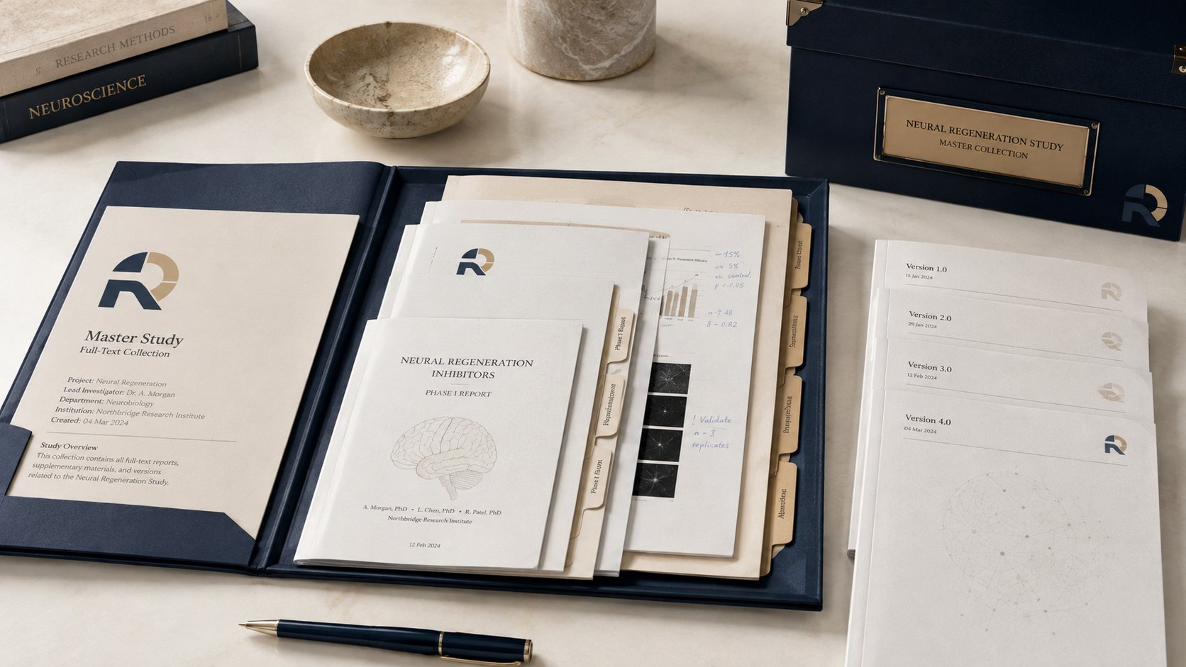 A master study folder holding every full-text report for one study, with its numbered version history laid out alongside